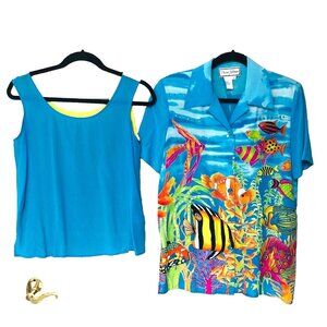 VTG Diane Gilman Silk Sea‎ Life Blouse Tank Top Womens S Sequins Fish Coral 2 Pc